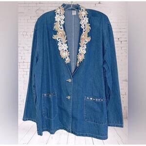 Vintage Women Denim Jacket Size XL Blue Lace Appliqué Studded Pockets